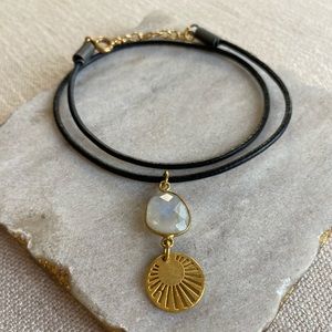 Moonstone/ sun leather necklace.